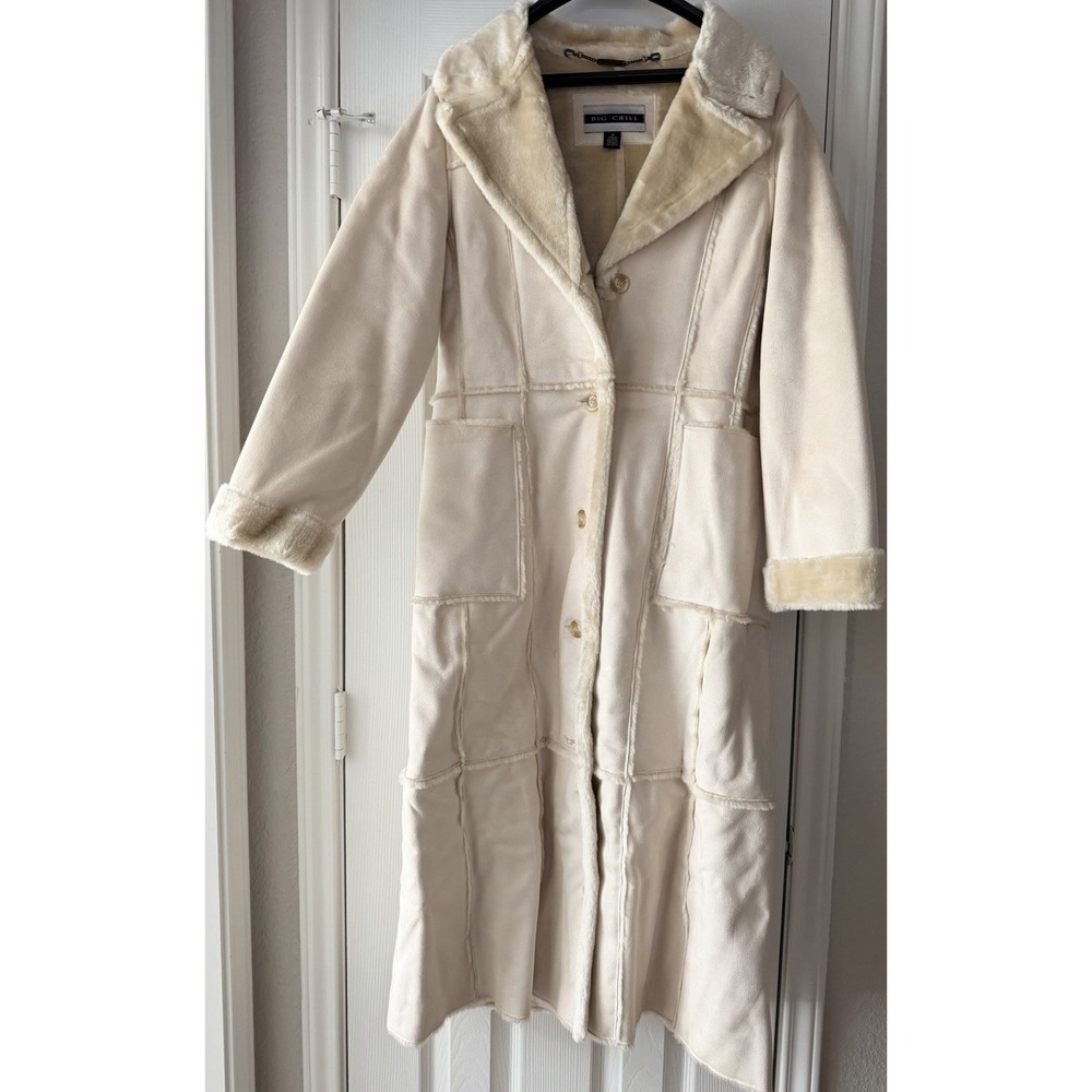 Big Chill Ivory Faux Fur Trim Button Collared Long Overcoat Women Size M